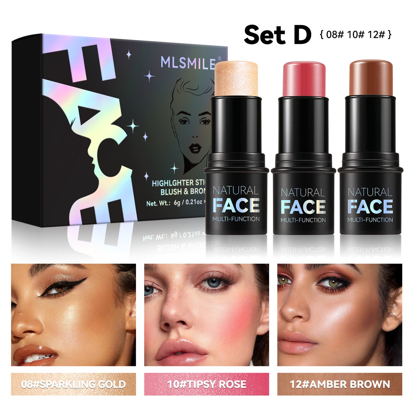 MLSMILE 3-Piece Highlight & Contour Stick Set