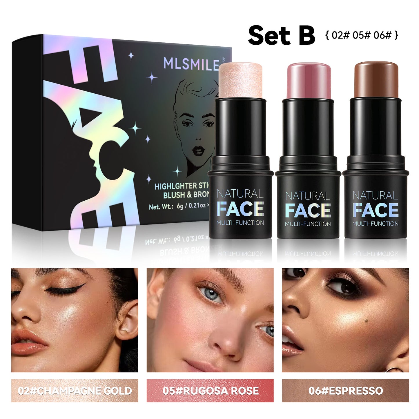 MLSMILE 3-Piece Highlight & Contour Stick Set