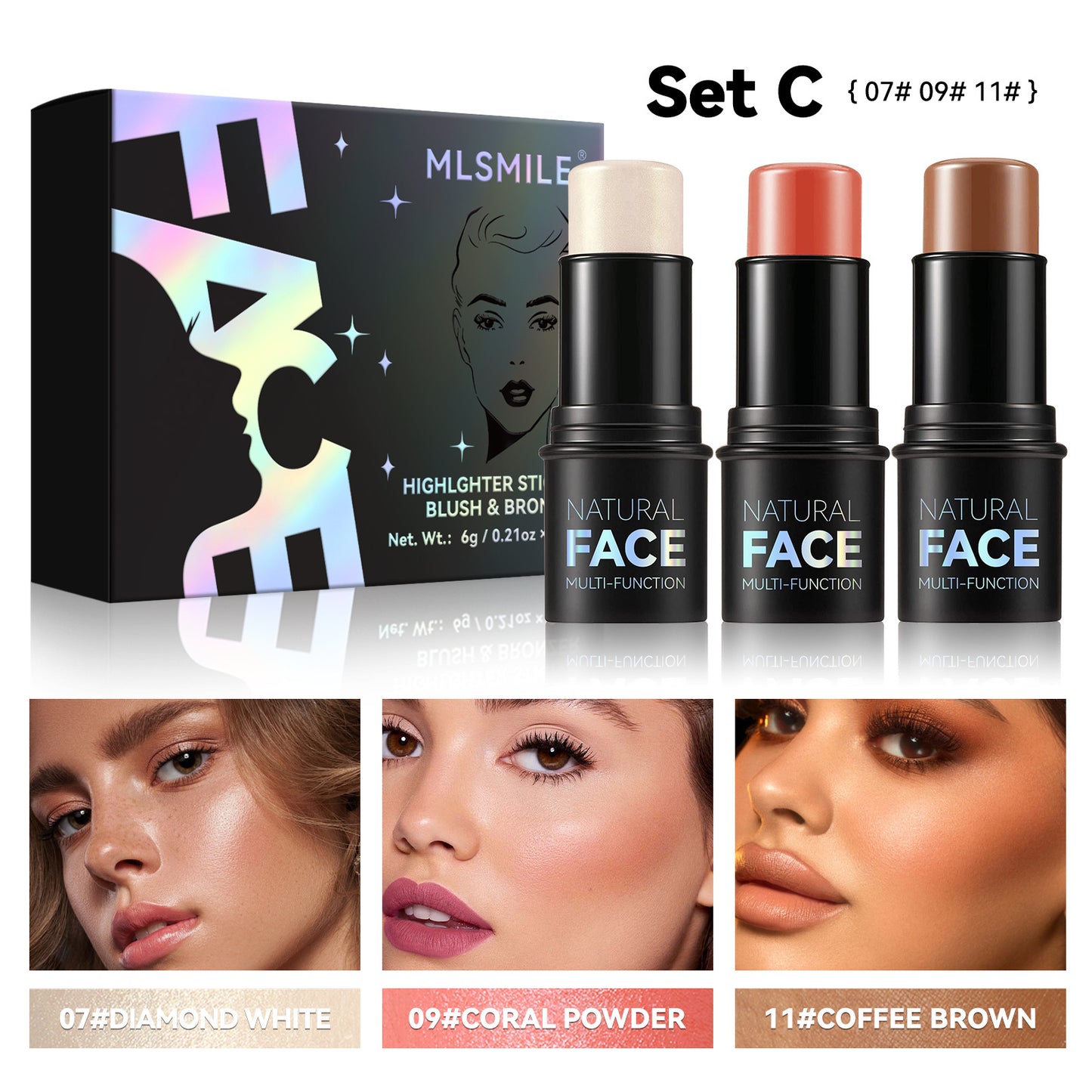 MLSMILE 3-Piece Highlight & Contour Stick Set