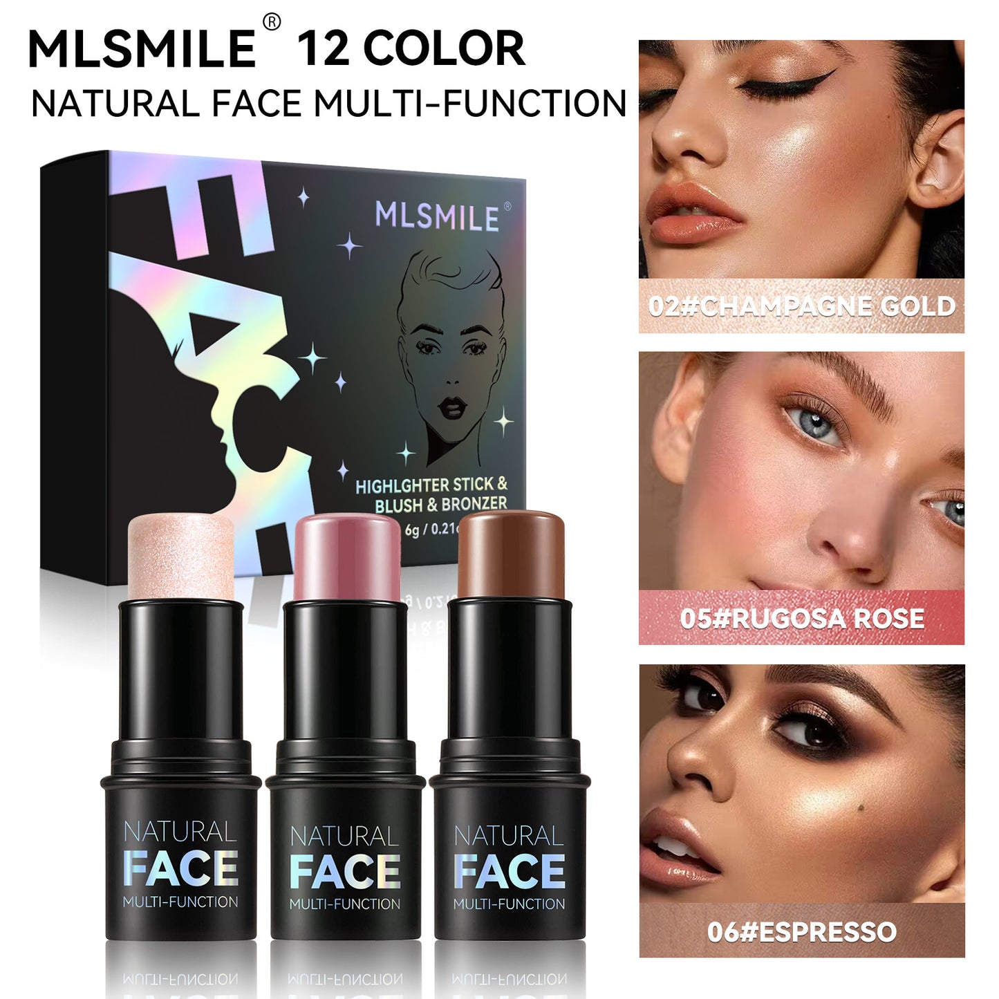 MLSMILE 3-Piece Highlight & Contour Stick Set
