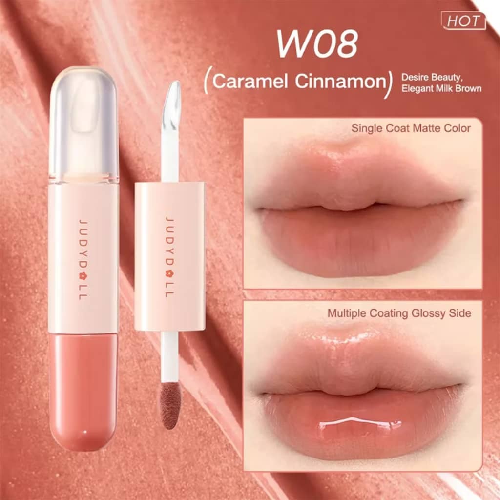 JUDYDOLL Duo Lip Gloss Double-Ended Lip Glaze Moisturizing Lip Oil Water-Gloss Mirror Matte Lipstick