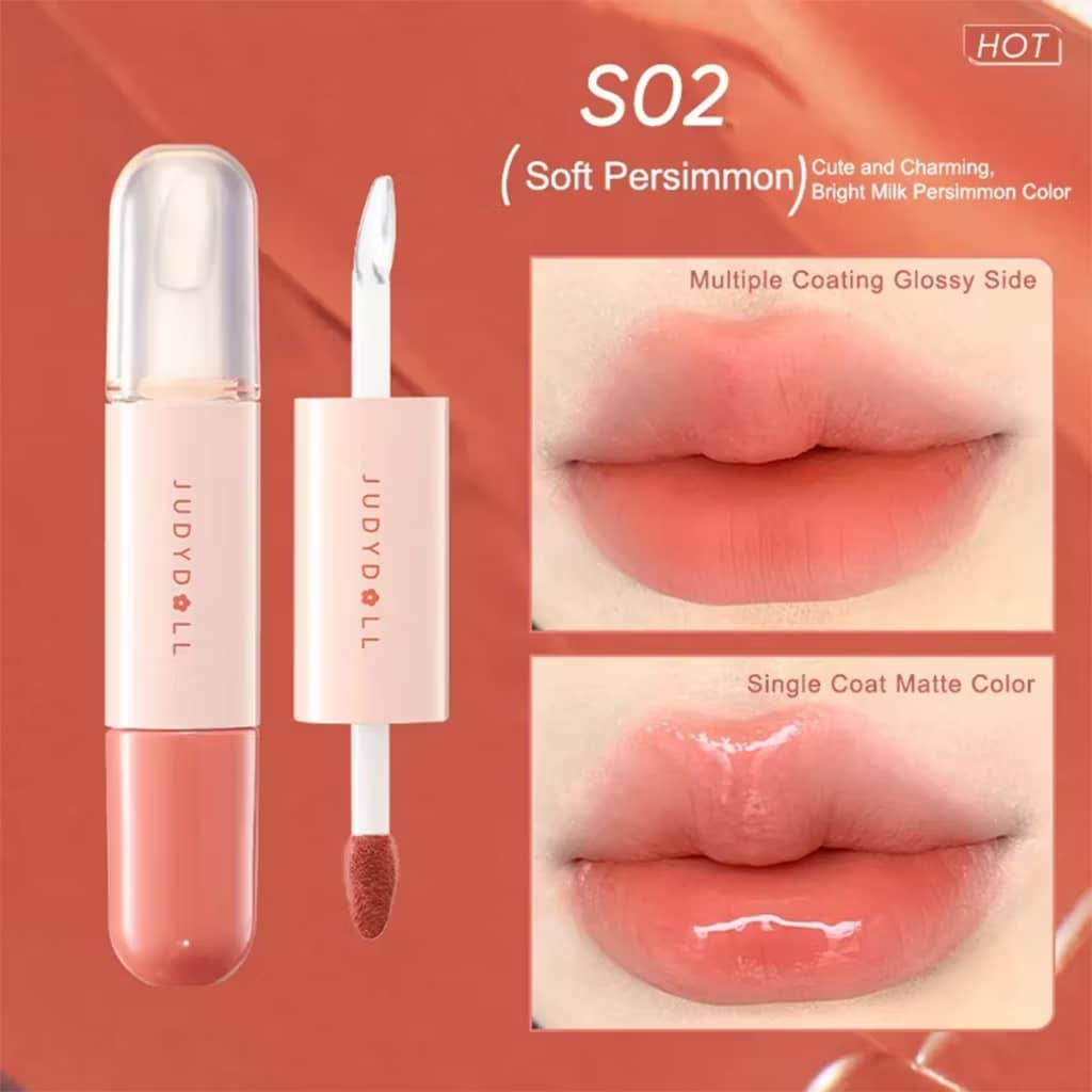 JUDYDOLL Duo Lip Gloss Double-Ended Lip Glaze Moisturizing Lip Oil Water-Gloss Mirror Matte Lipstick