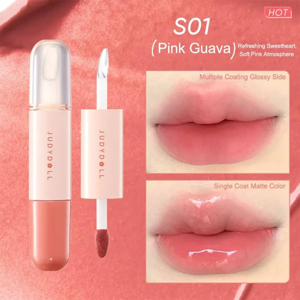 JUDYDOLL Duo Lip Gloss Double-Ended Lip Glaze Moisturizing Lip Oil Water-Gloss Mirror Matte Lipstick