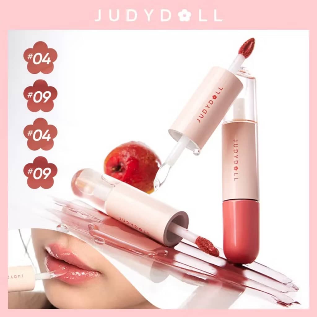 JUDYDOLL Duo Lip Gloss Double-Ended Lip Glaze Moisturizing Lip Oil Water-Gloss Mirror Matte Lipstick