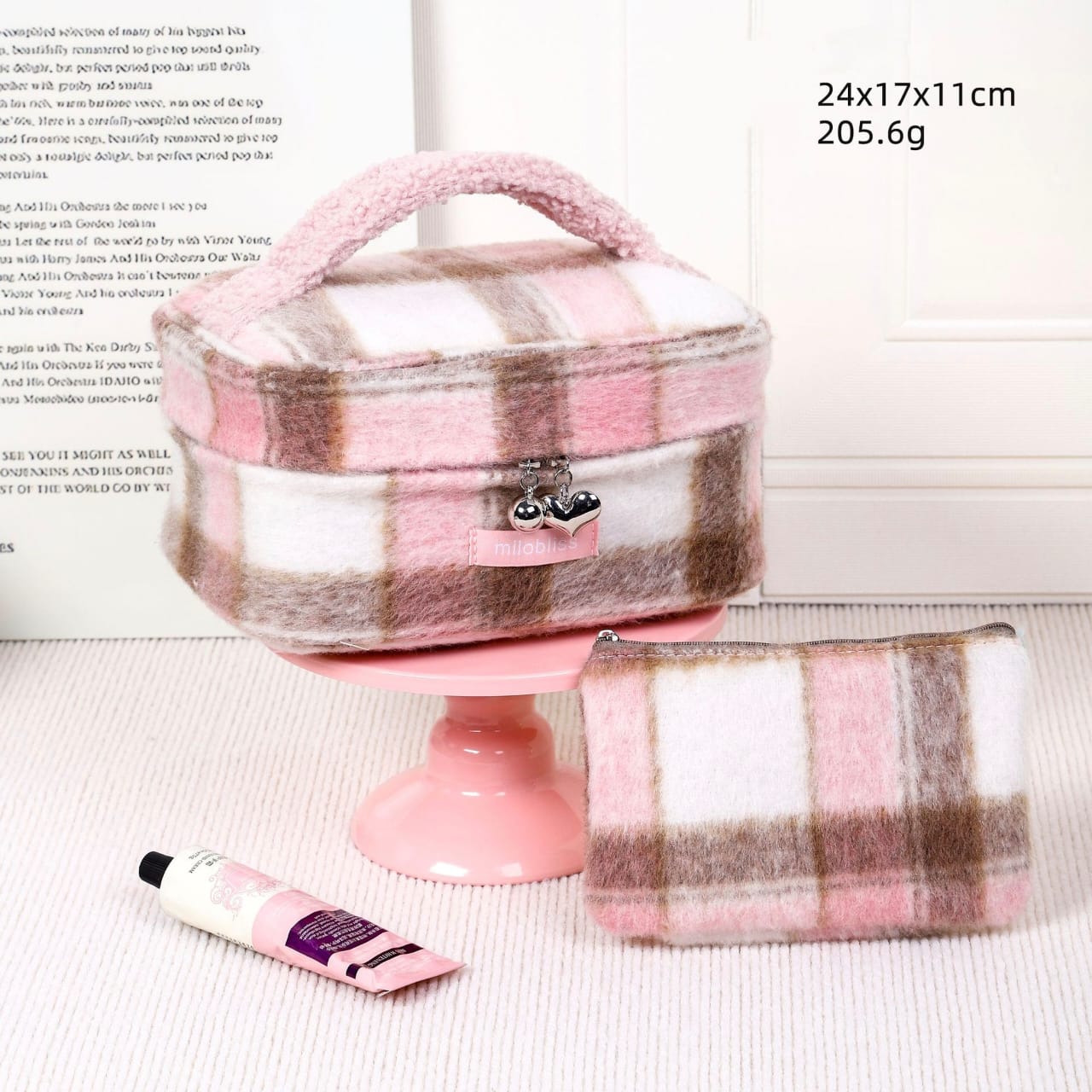 Plaid Faux Sherpa Cosmetic Bag