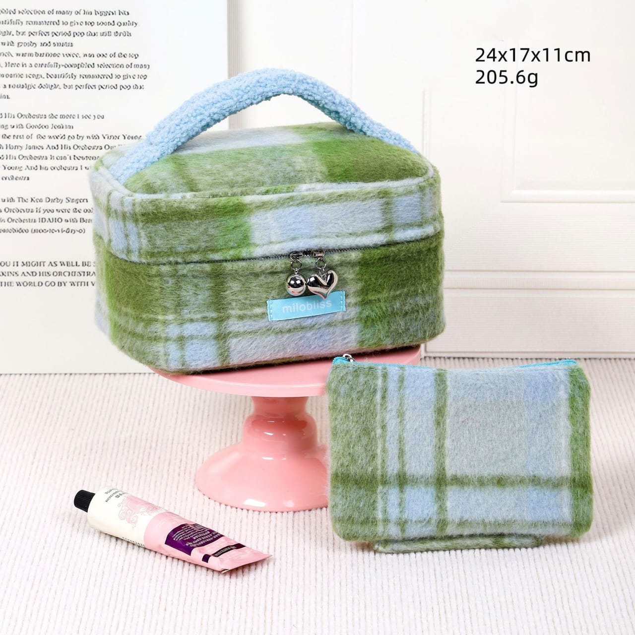 Plaid Faux Sherpa Cosmetic Bag