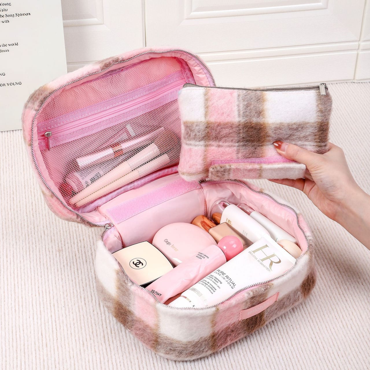 Plaid Faux Sherpa Cosmetic Bag