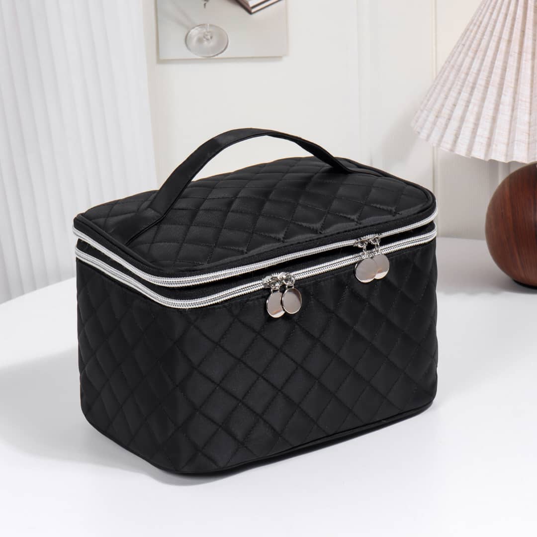 Black Quilted Double-Layer Cosmetic Case