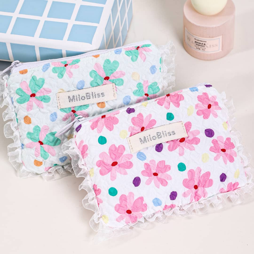 Ruffled Floral Lace Cosmetic Pouch