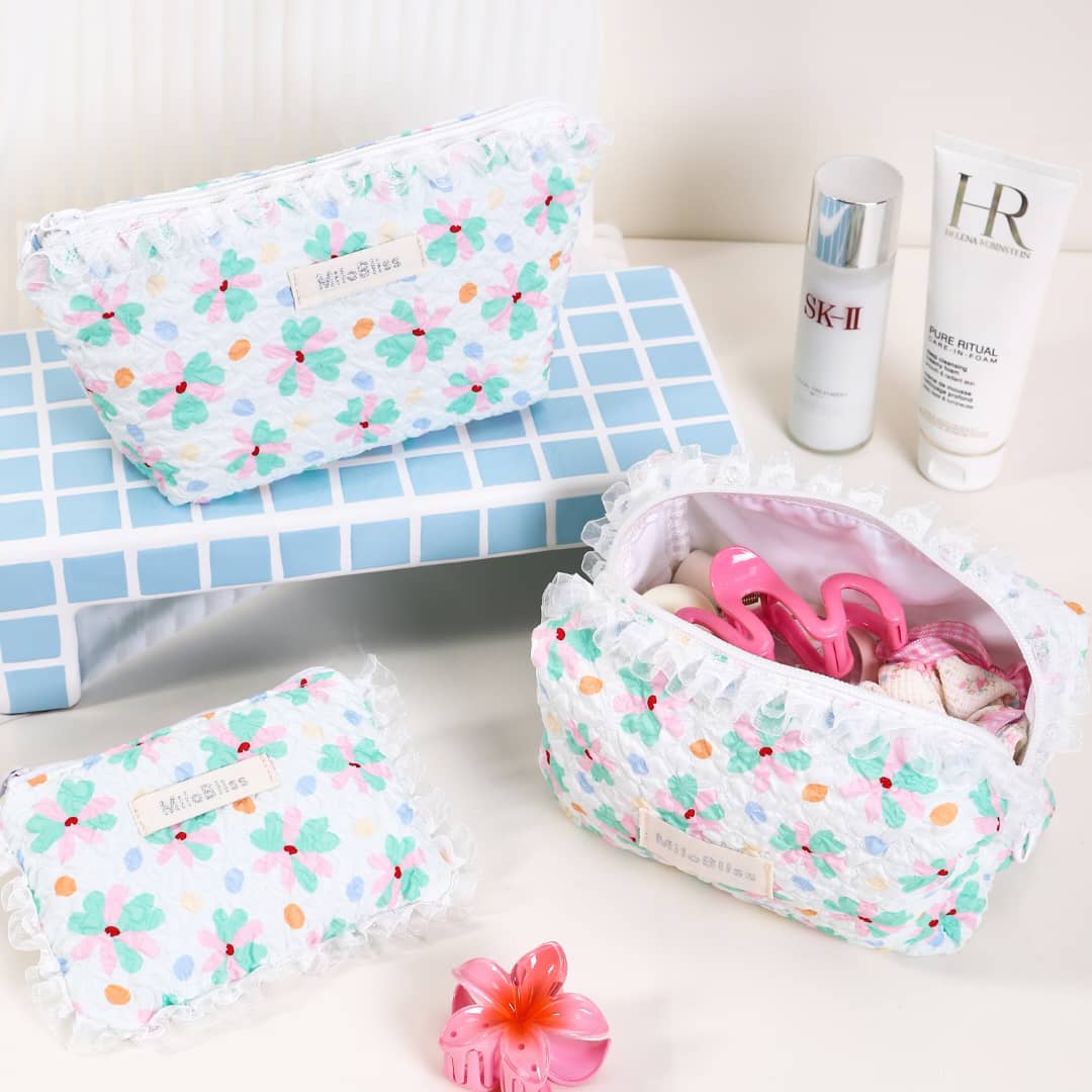 Ruffled Floral Lace Cosmetic Pouch