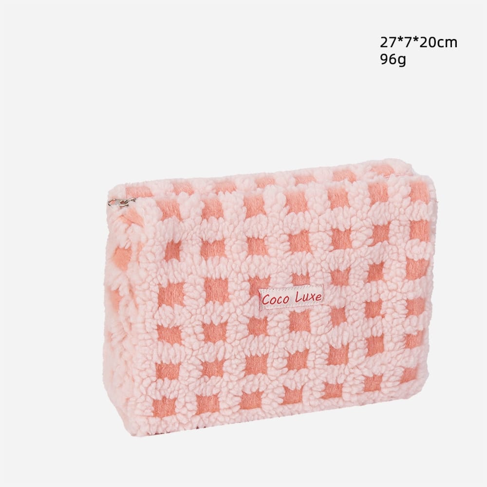 Waffle Check Lamb Fleece Makeup Cosmetics Bag