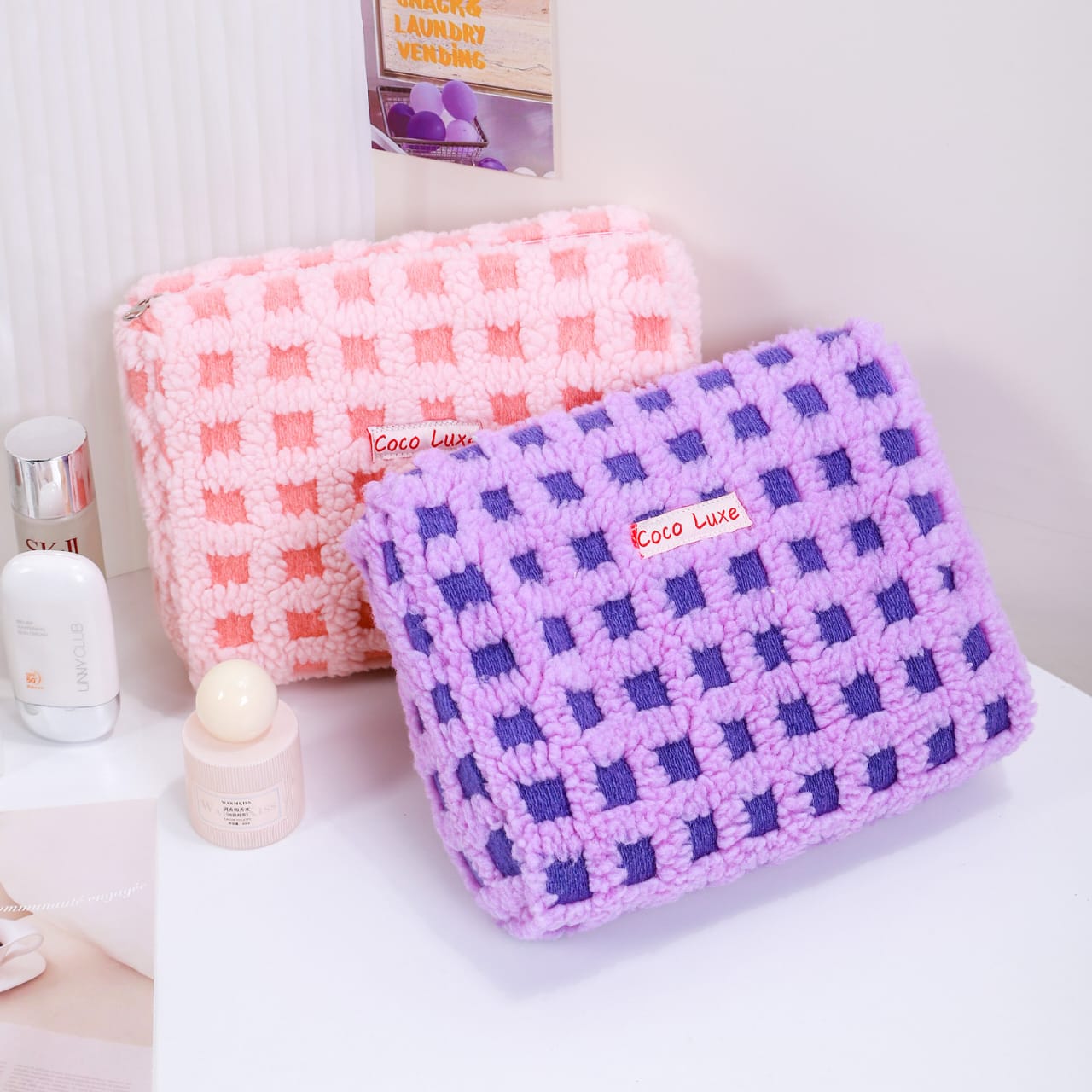Waffle Check Lamb Fleece Makeup Cosmetics Bag