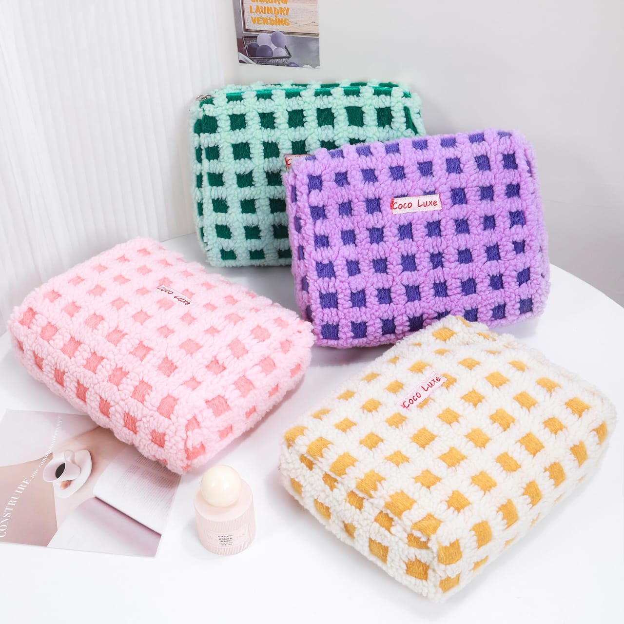 Waffle Check Lamb Fleece Makeup Cosmetics Bag