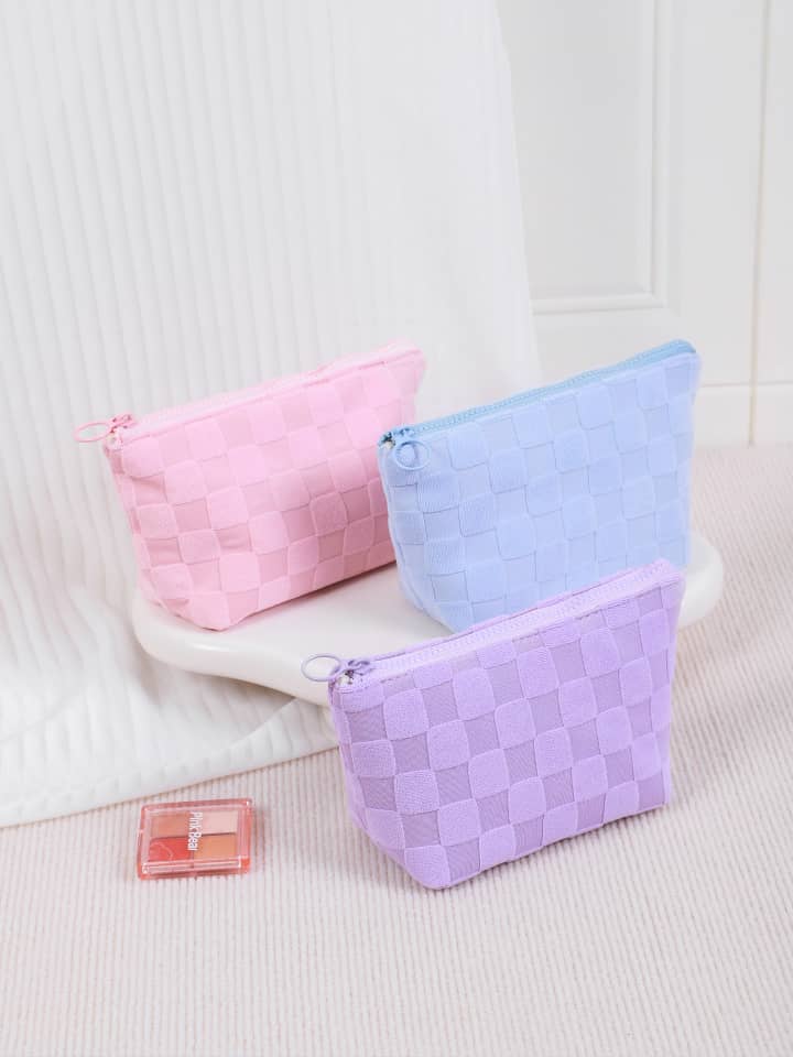 Waffle Check Lamb Fleece Makeup Cosmetics Bag