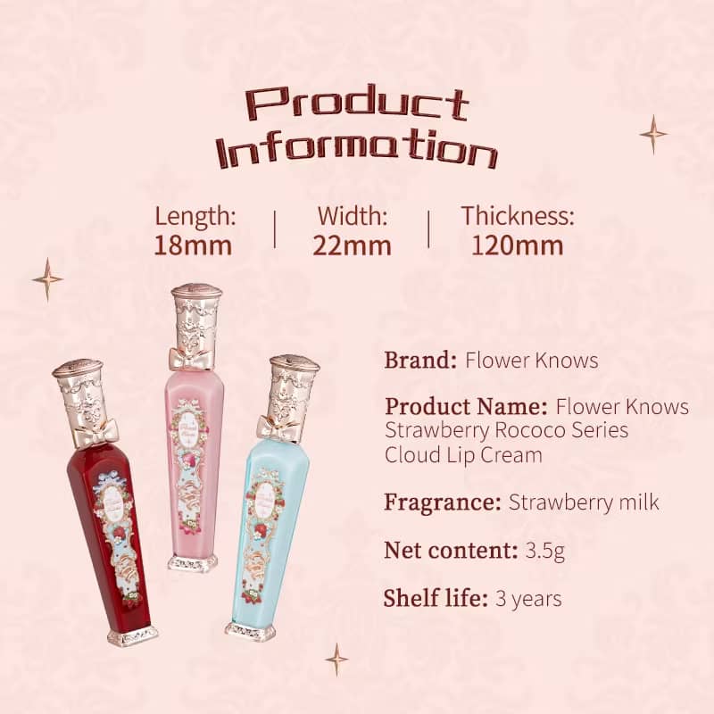 Flower Knows Strawberry Rococo Series Cloud Lip Cream | 3.5ml Velvet Lip Gloss
