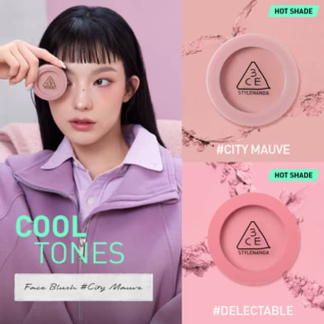 3CE Face Blush, Lightweight translucent pigments, silky smooth texture, easily blendable, natural-looking flush.