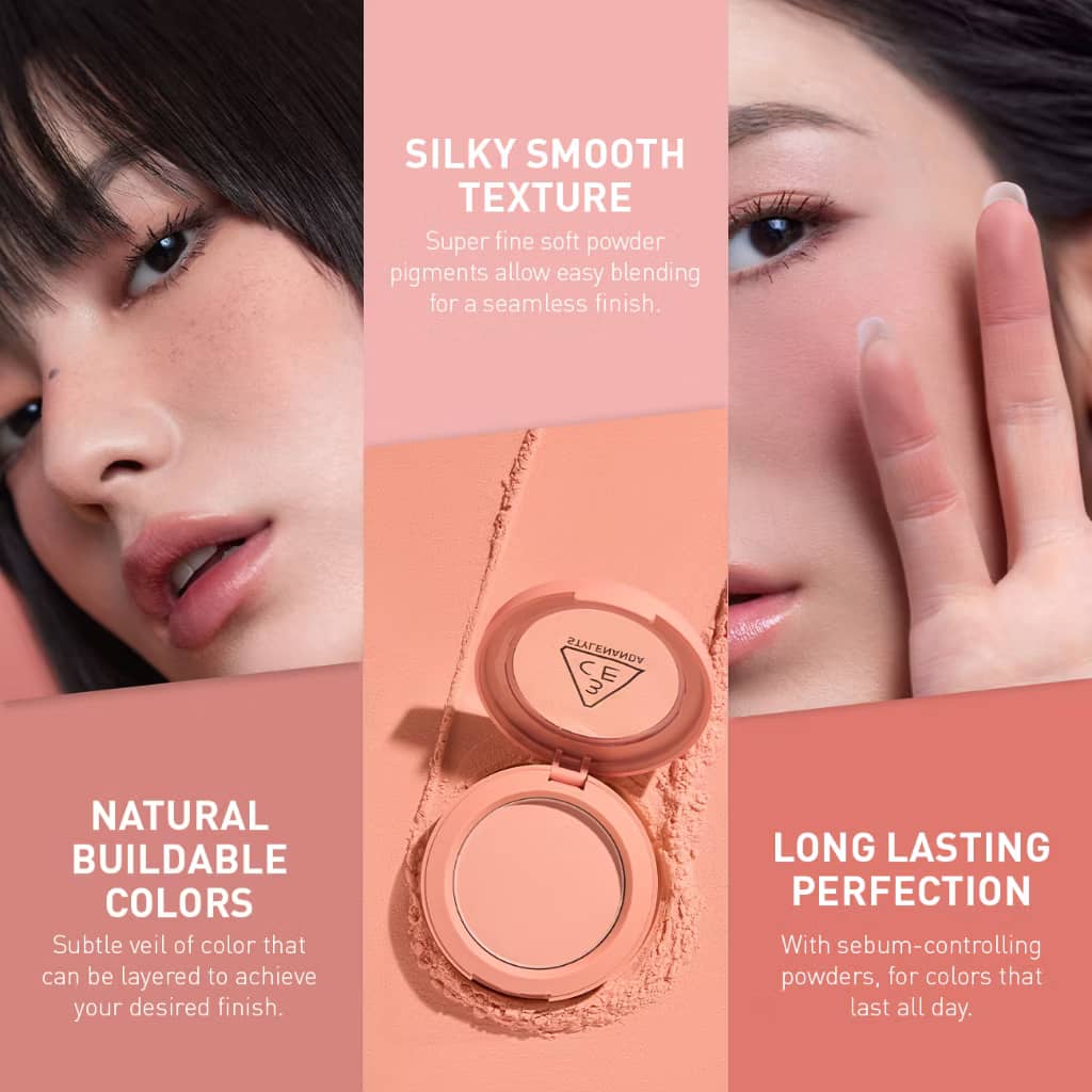 3CE Face Blush, Lightweight translucent pigments, silky smooth texture, easily blendable, natural-looking flush.