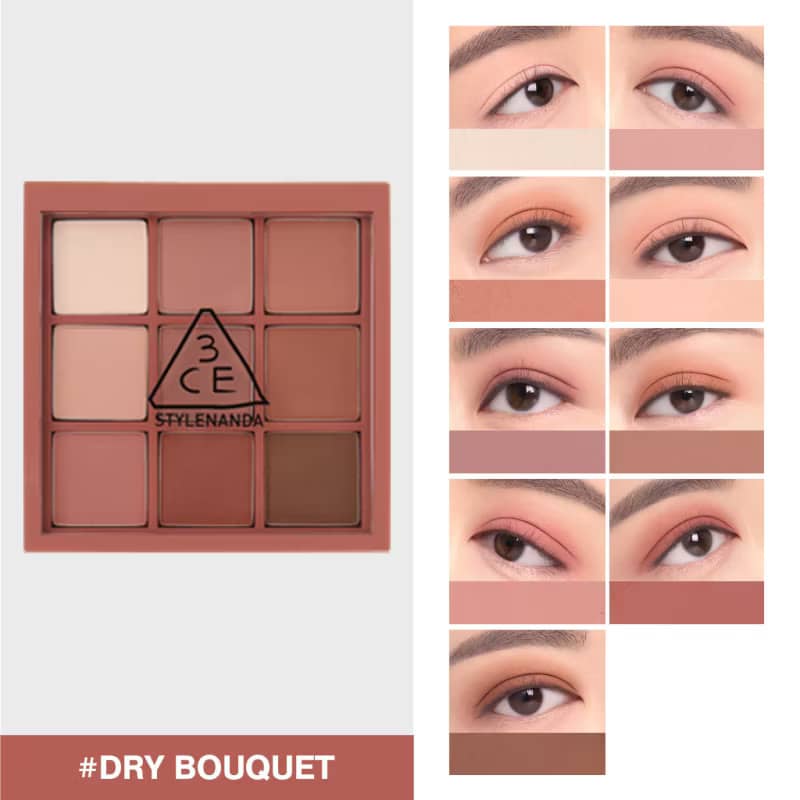 3CE Multi Eye Color Palette, matte, shimmer, glitter shades smooth layering texture with buildable pay off no clump