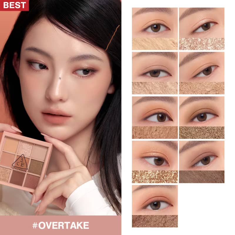 3CE Multi Eye Color Palette, matte, shimmer, glitter shades smooth layering texture with buildable pay off no clump