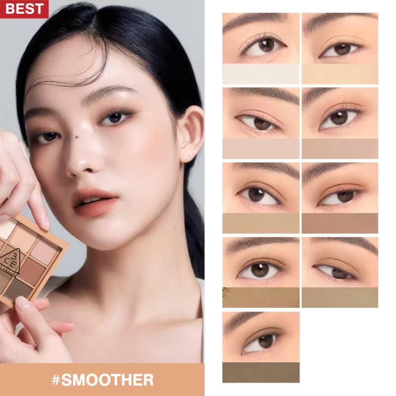 3CE Multi Eye Color Palette, matte, shimmer, glitter shades smooth layering texture with buildable pay off no clump