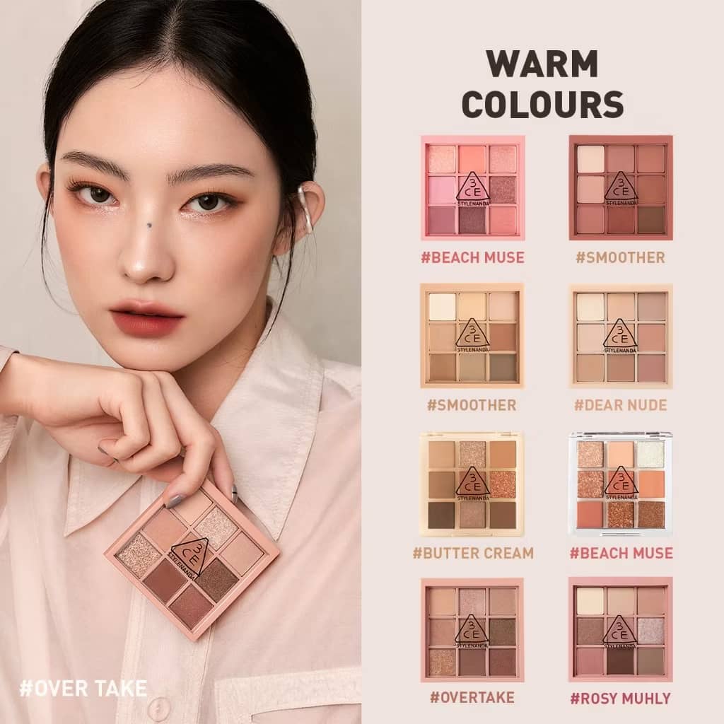 3CE Multi Eye Color Palette, matte, shimmer, glitter shades smooth layering texture with buildable pay off no clump