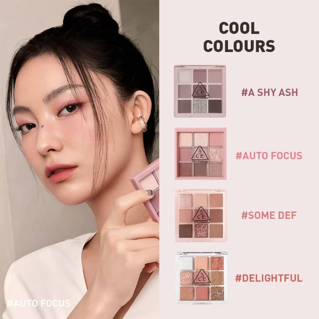 3CE Multi Eye Color Palette, matte, shimmer, glitter shades smooth layering texture with buildable pay off no clump