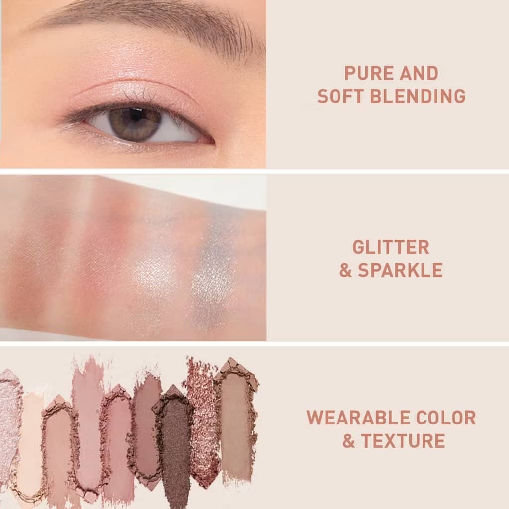 3CE Multi Eye Color Palette, matte, shimmer, glitter shades smooth layering texture with buildable pay off no clump