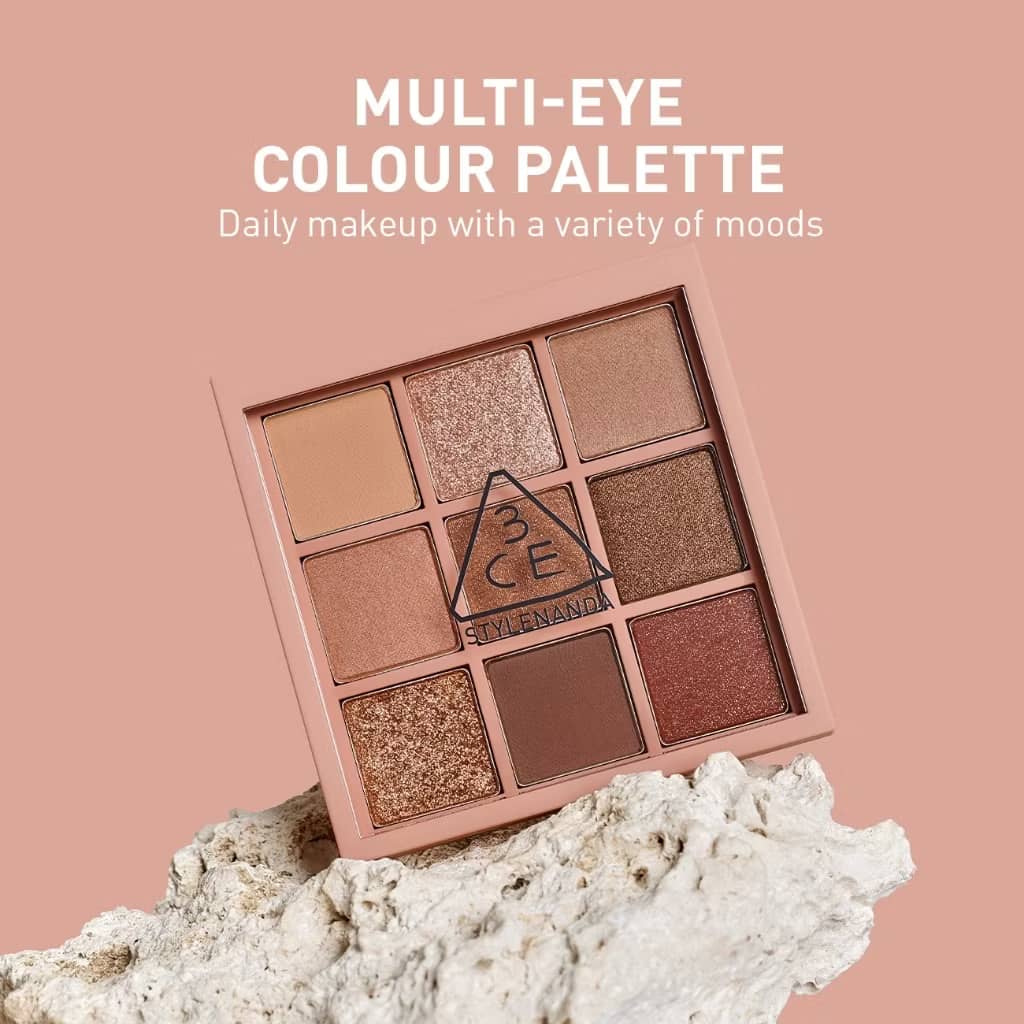 3CE Multi Eye Color Palette, matte, shimmer, glitter shades smooth layering texture with buildable pay off no clump