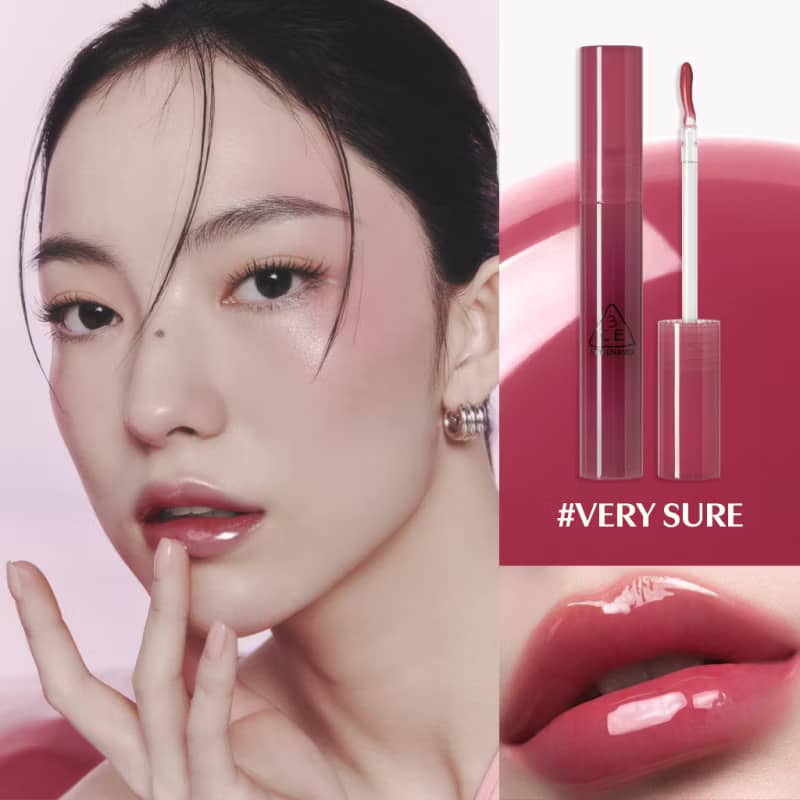 3CE Drop Glow Gel Lipstick, Non-sticky hydrating formula, bouncy gel-gloss high-shine glow, effortless application.