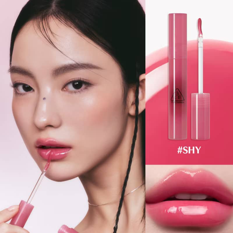 3CE Drop Glow Gel Lipstick, Non-sticky hydrating formula, bouncy gel-gloss high-shine glow, effortless application.