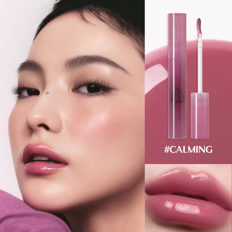 3CE Drop Glow Gel Lipstick, Non-sticky hydrating formula, bouncy gel-gloss high-shine glow, effortless application.