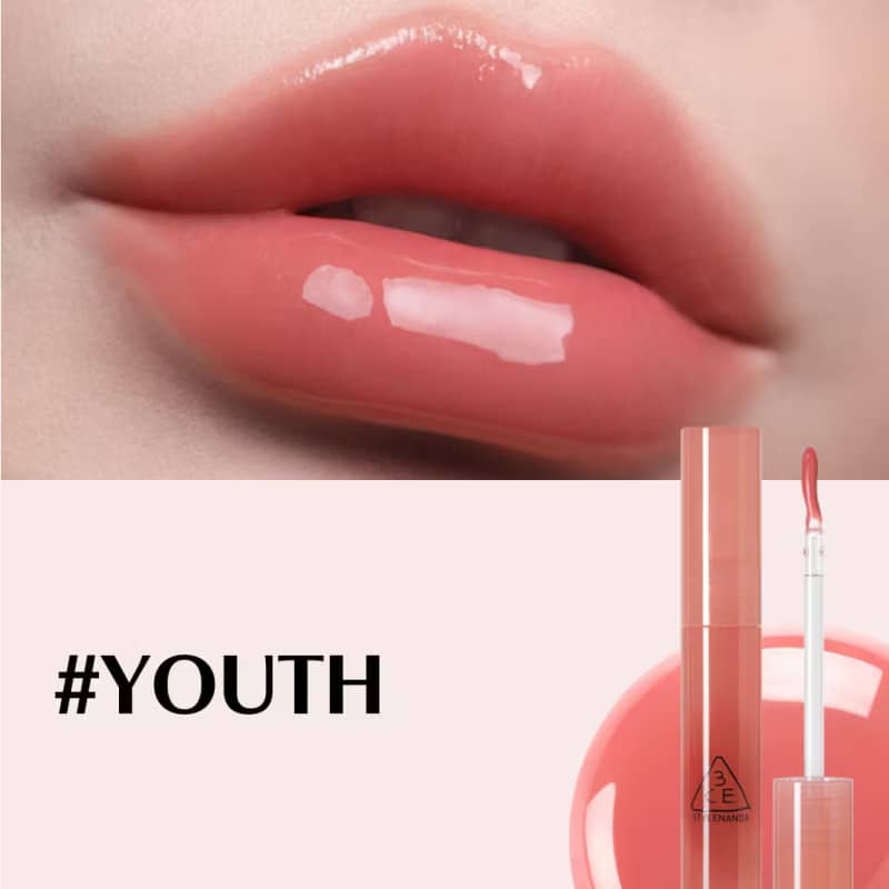 3CE Drop Glow Gel Lipstick, Non-sticky hydrating formula, bouncy gel-gloss high-shine glow, effortless application.