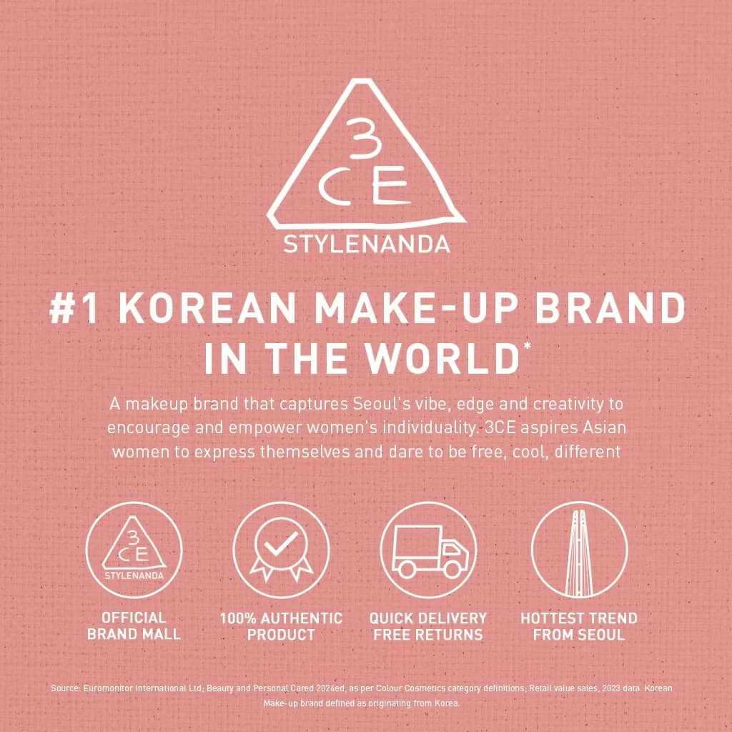 3CE Drop Glow Gel Lipstick, Non-sticky hydrating formula, bouncy gel-gloss high-shine glow, effortless application.