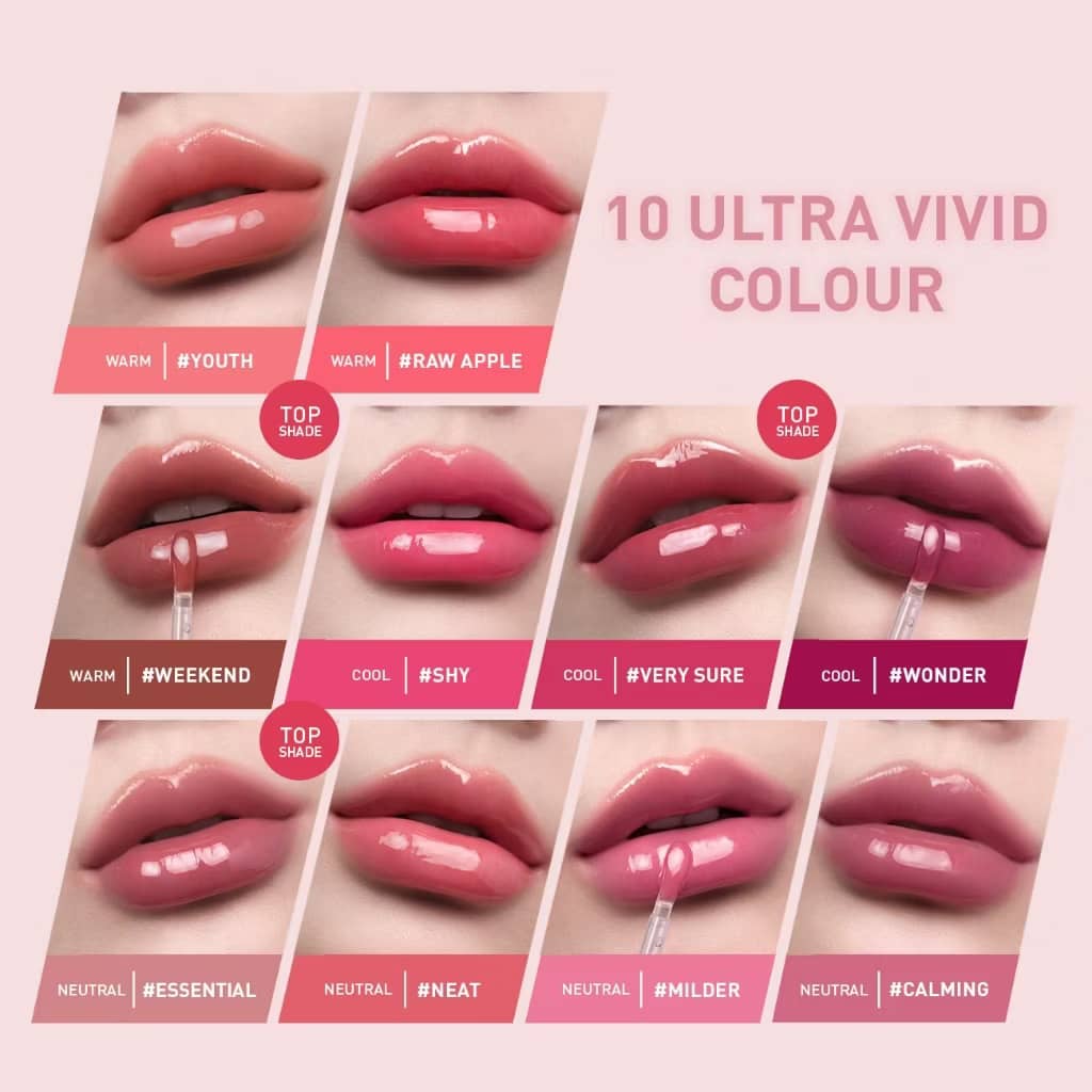3CE Drop Glow Gel Lipstick, Non-sticky hydrating formula, bouncy gel-gloss high-shine glow, effortless application.