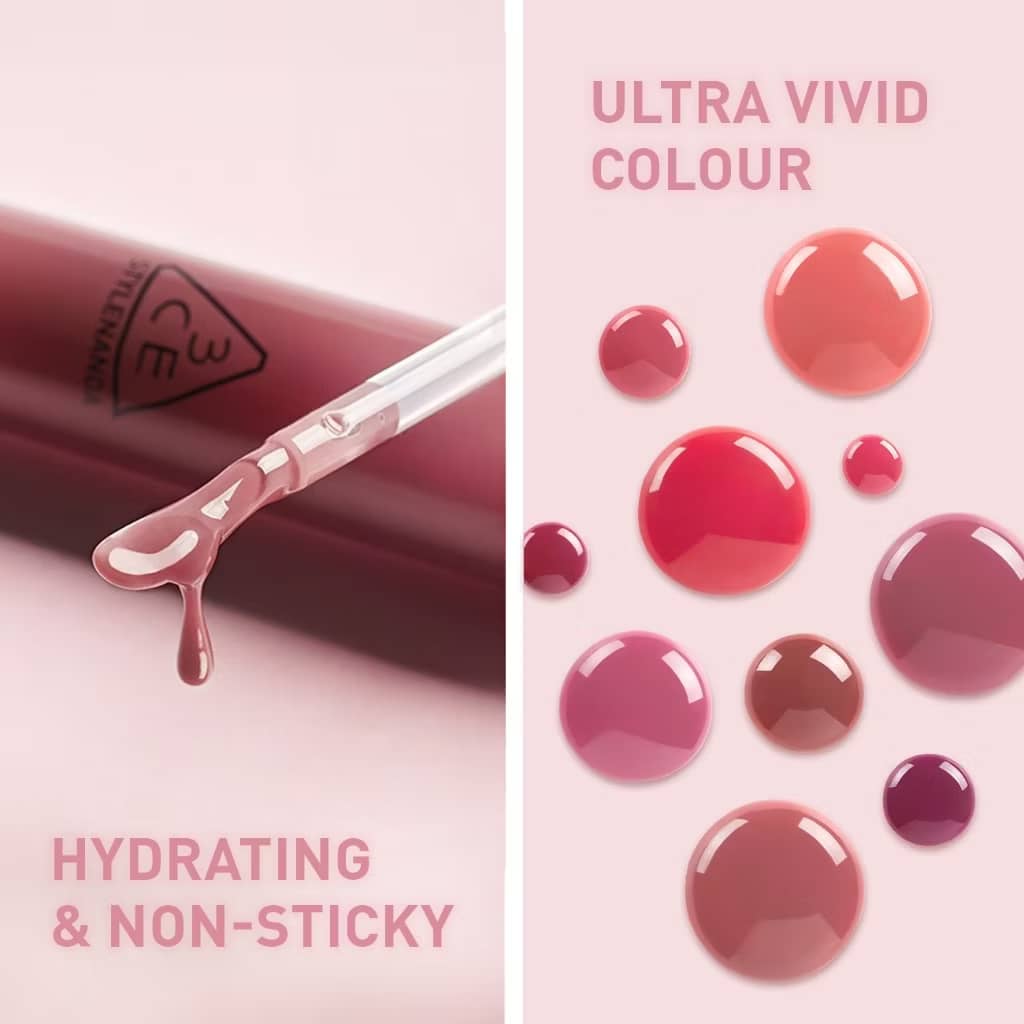 3CE Drop Glow Gel Lipstick, Non-sticky hydrating formula, bouncy gel-gloss high-shine glow, effortless application.