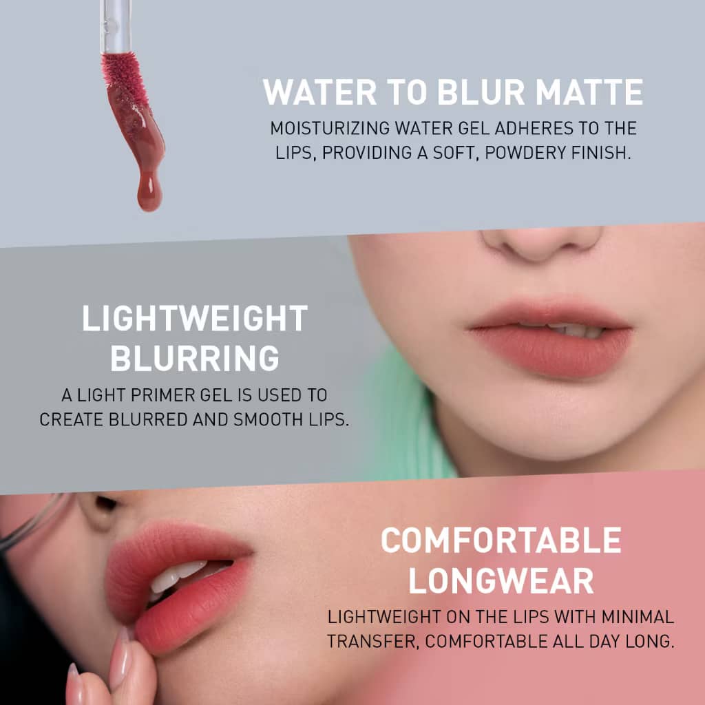 3CE Blur Water Lip Tint, Moisturizing water-like light blur soft-focus pout silky smooth texture comfortable finish
