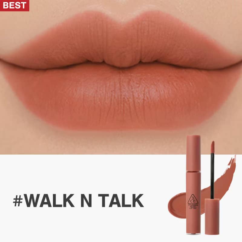 3CE Velvet Lip Tint Lipstick, Smooth matte creamy airy texture, with rich pigments for soft-blurred comforting look.