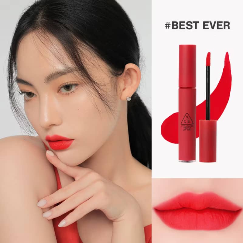 3CE Velvet Lip Tint Lipstick, Smooth matte creamy airy texture, with rich pigments for soft-blurred comforting look.