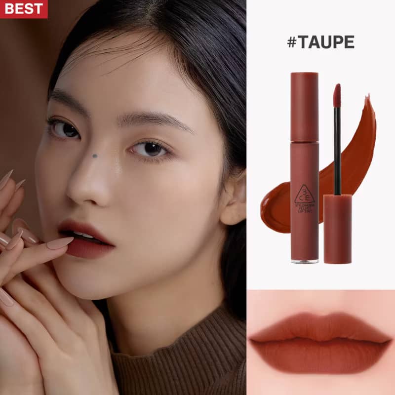 3CE Velvet Lip Tint Lipstick, Smooth matte creamy airy texture, with rich pigments for soft-blurred comforting look.
