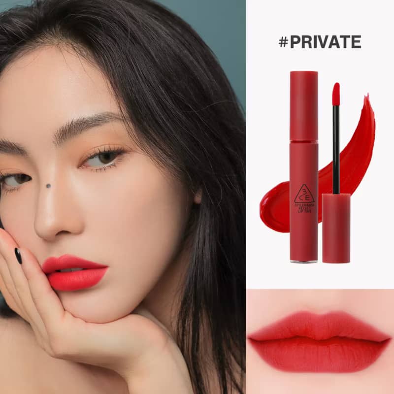 3CE Velvet Lip Tint Lipstick, Smooth matte creamy airy texture, with rich pigments for soft-blurred comforting look.