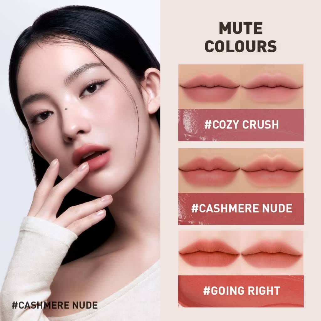 3CE Velvet Lip Tint Lipstick, Smooth matte creamy airy texture, with rich pigments for soft-blurred comforting look.