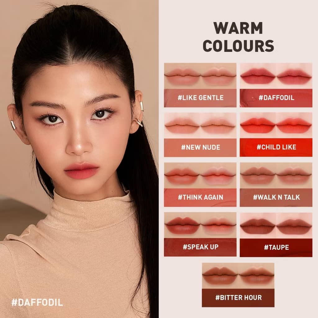 3CE Velvet Lip Tint Lipstick, Smooth matte creamy airy texture, with rich pigments for soft-blurred comforting look.