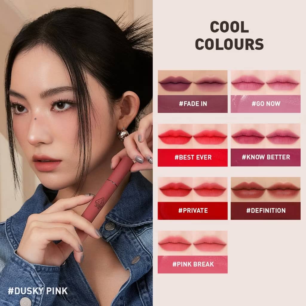 3CE Velvet Lip Tint Lipstick, Smooth matte creamy airy texture, with rich pigments for soft-blurred comforting look.