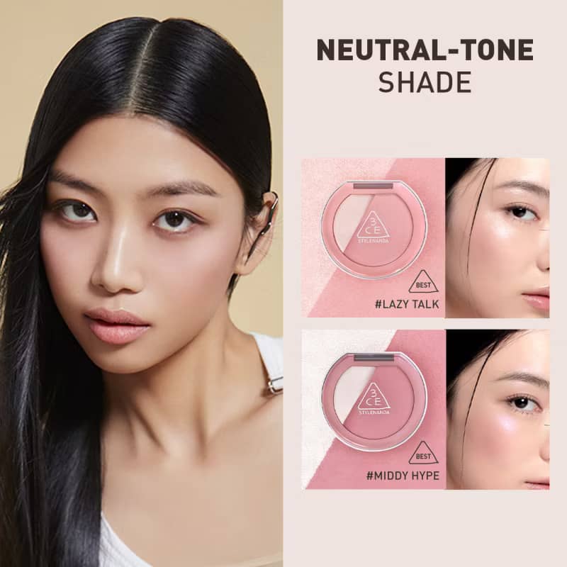 3CE Blushlighter, 2 in 1 matte blush and shimmery highlighter, with sebum-based blush which blurs pores and refines skin