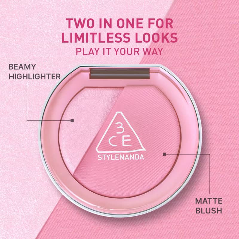 3CE Blushlighter, 2 in 1 matte blush and shimmery highlighter, with sebum-based blush which blurs pores and refines skin