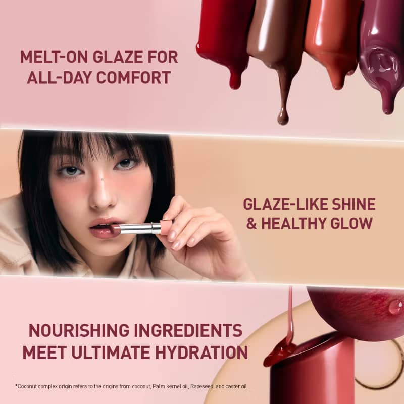 3CE Glazy Lip Glow Korean tinted lip balm gloss luminous hydrating healthy shine moisture coconut oil non-sticky