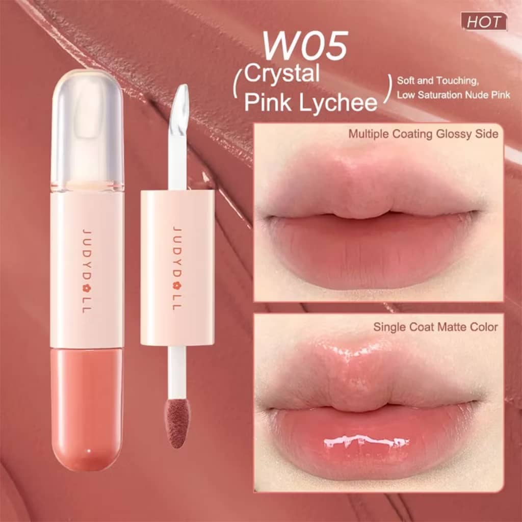JUDYDOLL Duo Lip Gloss Double-Ended Lip Glaze Moisturizing Lip Oil Water-Gloss Mirror Matte Lipstick