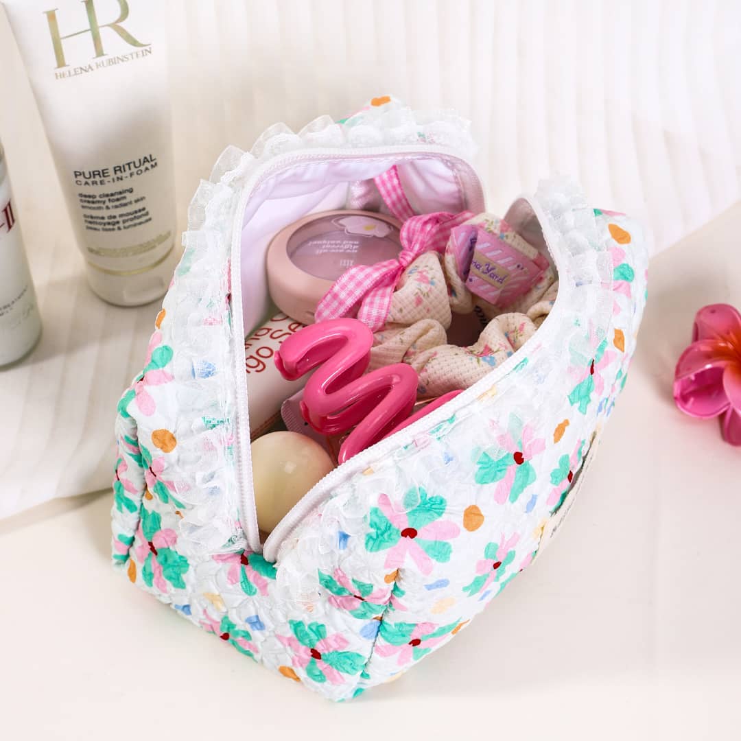 Ruffled Floral Lace Cosmetic Pouch
