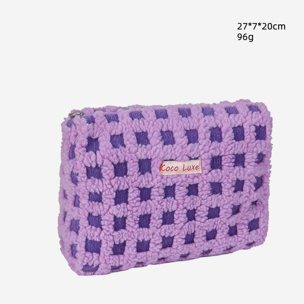 Waffle Check Lamb Fleece Makeup Cosmetics Bag