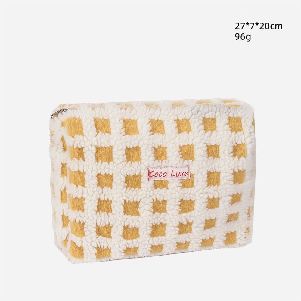 Waffle Check Lamb Fleece Makeup Cosmetics Bag